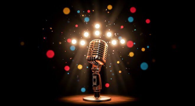 Retro microphone with colorful bokeh lights.
