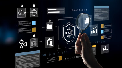 A hand holding a magnifying glass focuses on an AI-themed data protection interface. This visual represents the integration of technology and cybersecurity in a digital world. Gantry