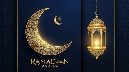 Ramadan Kareem Illustration: An elegantly designed golden crescent moon, and ornate lantern, illuminated against a midnight blue backdrop, capturing the essence of the holy month.
