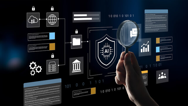 A hand holding a magnifying glass focuses on an AI-themed data protection interface. This visual represents the integration of technology and cybersecurity in a digital world. Gantry - Powered by Adobe
