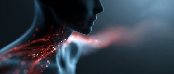 Futuristic AI concept background: glowing digital human head silhouette made of connected particles, neon data streams and cyber grid lines, blue and red color palette, abstract te