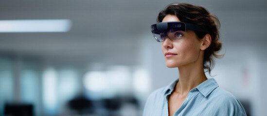 Futuristic technology scene in a modern office: side profile of a professional woman wearing a VR/AR headset, interacting with transparent holographic UI panels and data screens, b