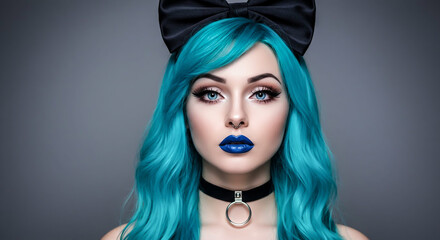 Vibrant blue hair and bold fashion style.