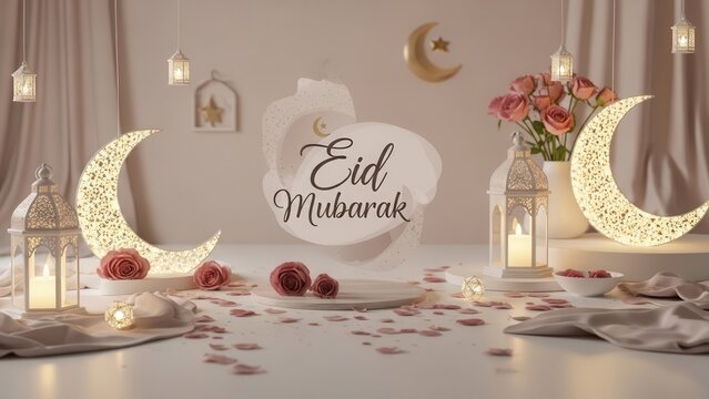 Eid Mubarak Celebration: A beautifully arranged scene with a crescent moon, lanterns, and floral accents celebrates the joyous occasion. Evoking a sense of peace and festivity.