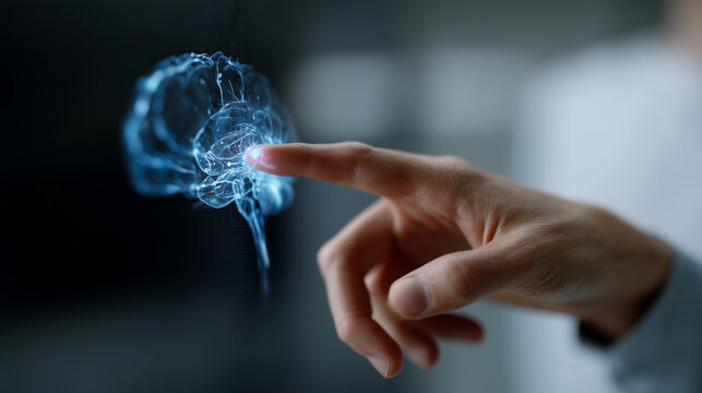 Close-up futuristic technology scene: human hand touching a transparent holographic brain interface on a digital screen, glowing blue neural brain visualization with circuit lines - Powered by Adobe