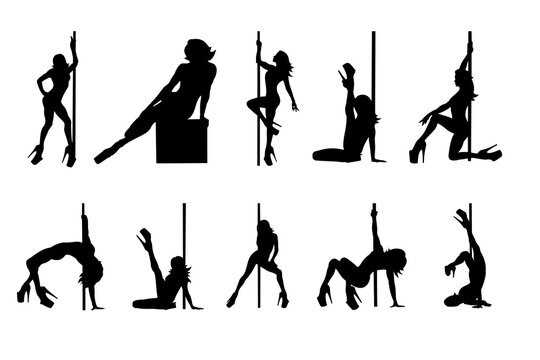 silhouetted pole dancers striking athletic poses in backlit studio, performers rehearsing routine, dramatic contrast and spotlight edges, fluid movement with visible grip and extension, emphasis