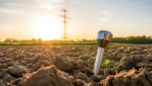 Soil probe in tilled field at sunset with power lines in background