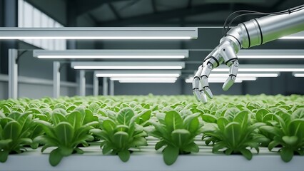 Close-up of robotic arm reaching for fresh green lettuce in a vertical farm