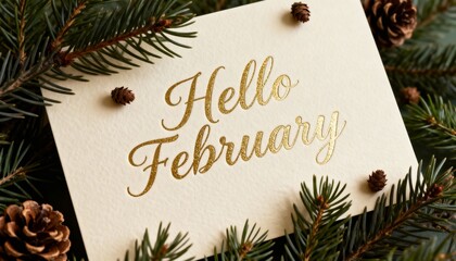 Hello February Gold Lettering Greeting Card with Fir Branches and Pine Cones Background, Cozy Winter Seasonal Typography and Elegant Winter Greeting Design.