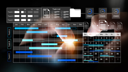 This image features a sleek project management dashboard showcasing a Gantt chart, task list, and...
