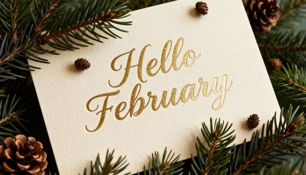 Hello February Gold Lettering Greeting Card with Fir Branches and Pine Cones Background, Cozy Winter Seasonal Typography and Elegant Winter Greeting Design.