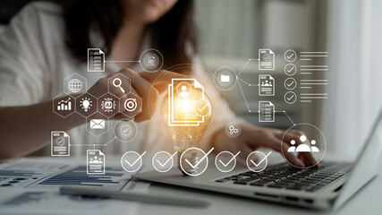 A business professional engaged in a digital workspace, interacting with a user interface that showcases documents and data analysis, highlighting technology and innovation. Gantry