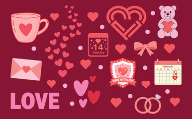 Valentine's Day Elements Collection with Hearts Teddy Bear and Calendar on Red Background