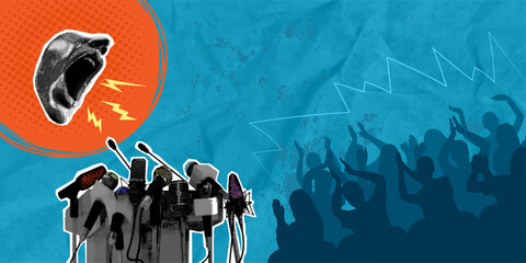 Trendy halftone pop art collage. A podium, a man's mouth and advice at a seminar, a speaker and an applauding audience at an event, training and a presentation in a conference room. Master class, pres