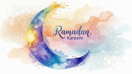 Ramadan Kareem: A vibrant watercolor painting features a radiant crescent moon. The imagery symbolizes the spirit of the holy month. It is a symbol of unity, and peace. 