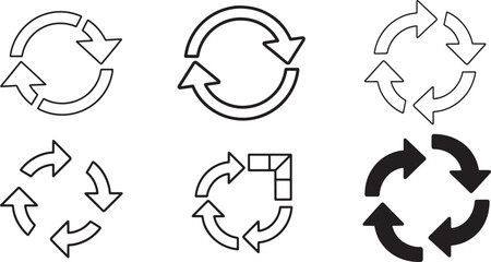 Set of six different circular arrows icons for refresh, reload, sync, or recycle process