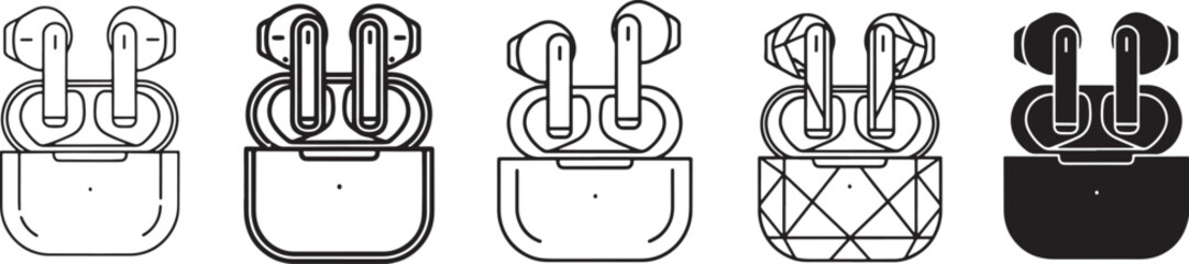Set of five wireless earbuds in charging cases, line art icons showing different styles and colors