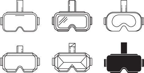 Set of six virtual reality vr headset icons and line art illustrations, different styles and views