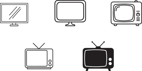 Set of five television icons, including modern flat screen and vintage crt models, line art and silhouette styles