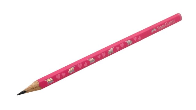 Photo of a pink Faber-Castell sparkle wooden pencil, decorated with a repeating pattern of silver unicorns and small pink hearts.