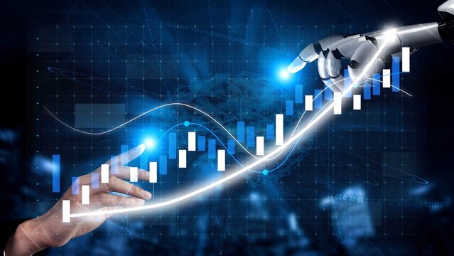 This image showcases a human hand reaching towards a robotic arm, emphasizing the synergy between technology and finance, with a glowing graph indicating growth and innovation. Copula - Powered by Adobe