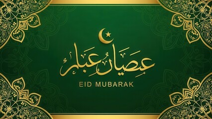 Festive Eid Mubarak: A beautifully decorated greeting card displays the joyous message Eid Mubarak, with elegant Arabic calligraphy and symbolic crescent moon on rich green and gold background.