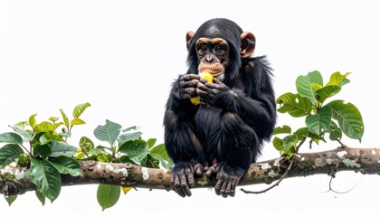 A young chimpanzee sits on a branch, eating a yellow fruit, against a bright white backdrop