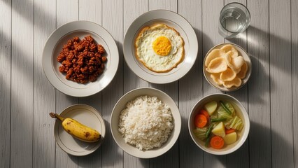 Appetizing Culinary Composition: An eye-level shot captures a meticulously arranged selection of culinary delights on a light surface, offering a visual symphony of taste and textures.