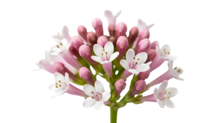 Delicate Pink and White Valerian Flowers in Bloom Isolated on White Background, Herbal Plant Detail