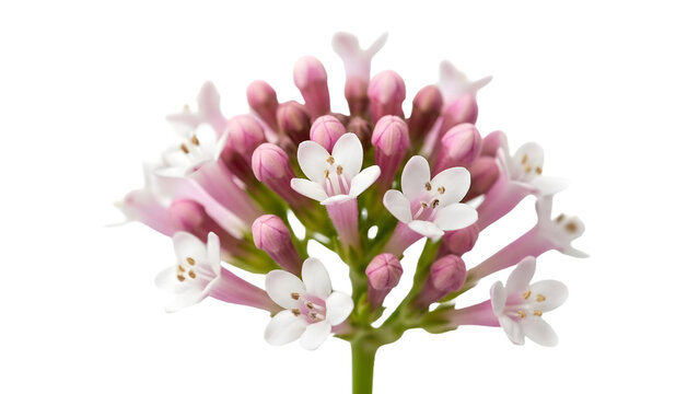 Delicate Pink and White Valerian Flowers in Bloom Isolated on White Background, Herbal Plant Detail