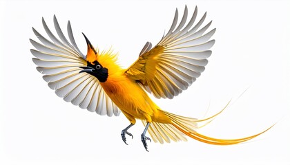 Vivid photo of a bird in flight with vibrant yellow, orange, and white plumage, isolated