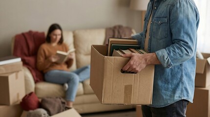 Couple packing books into a box while moving to a new home together