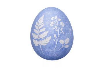 Blue easter egg with white botanical design and transparent background