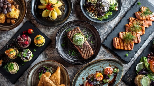 Delicious gourmet meal with various appetizers, grilled salmon, and fresh ingredients. - Powered by Adobe