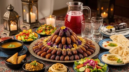 Festive Feast: An abundant table spread with a variety of delicious dishes, candles, and traditional decorations, inviting guests to a rich culinary experience.