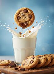 chip cookie levitating over milk with row of cookies and crumbs with blue background