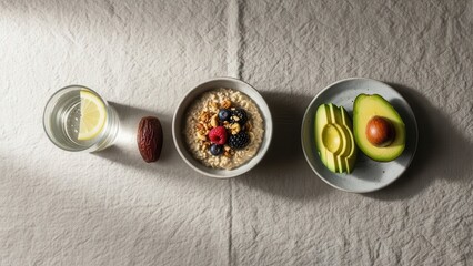 Healthy and Aesthetic Breakfast: A top-down shot of a light and inviting breakfast setup, with a bowl of oatmeal, sliced avocado, a glass of water, and a date, arranged elegantly.