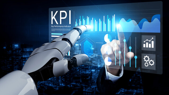 A futuristic robot hand interacts with a digital dashboard showcasing key performance indicators. This image represents the intersection of technology and business analytics. Gantry - Powered by Adobe