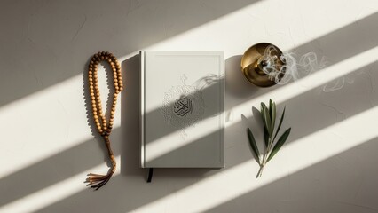 Sacred Still Life: A minimalist composition, sunlight casts a warm glow upon a closed book, a strand of prayer beads, a fragrant incense burner, and an olive branch, embodying contemplation.