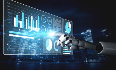 A robotic hand interacts with an advanced display of digital graphs and charts, showcasing technology and data analysis in a futuristic urban setting at night. Gantry