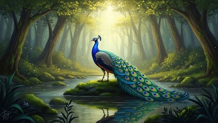 Majestic peacock in a sunlit forest glade