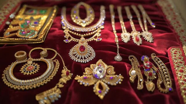 Close-up shot of various traditional Indian gold jewelry pieces with precious stones on a red velvet fabric with intricate patterns.