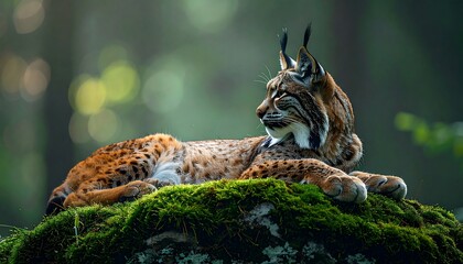 A lynx reclines on a mossy rock in a blurred forest, alert with piercing gaze