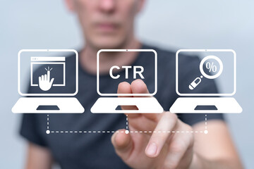 Person using virtual touch screen push the acronym CTR. CTR Click Through Rate Analysis. Media planning for effective ADS strategy neubrutalism concept.