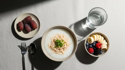 A Nourishing Start: A culinary still life showcases a balanced and nutritious breakfast spread. The arrangement features a bowl of congee garnished with savory toppings, a plate of dates.