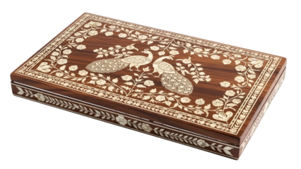 Elegant Rosewood Box with White Ivory-Style Floral and Peacock Bone Inlay on Lid