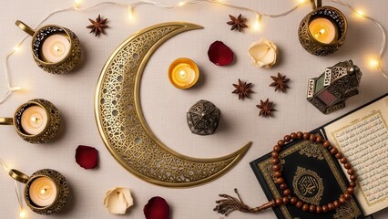 Lunar Elegance: A crescent moon artfully adorned with a selection of religious objects, candles and decorative accents, set against a backdrop of twinkling lights, evoke a sense of spiritual harmony.