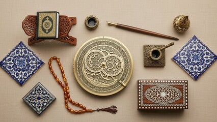 Intricate Composition: Antique artifacts arranged on a textured surface, showcasing the beauty of the Islamic civilization.