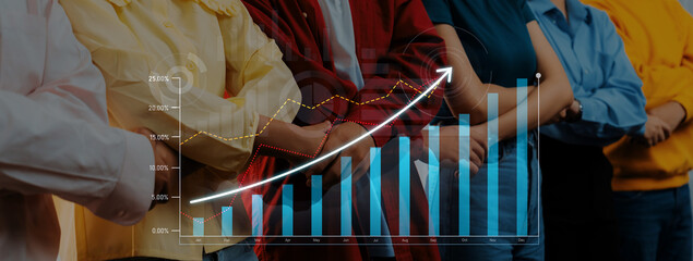 A diverse group of individuals standing confidently with arms crossed, complemented by a digital financial graph illustrating trends in business growth and success. Scalp