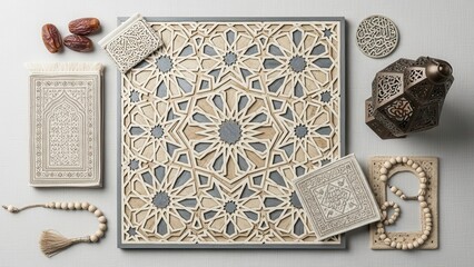 Intricate Geometric Patterns: Elegant display of decorative Islamic art. Showcasing detailed carvings and designs symbolizing cultural richness and artistic traditions.